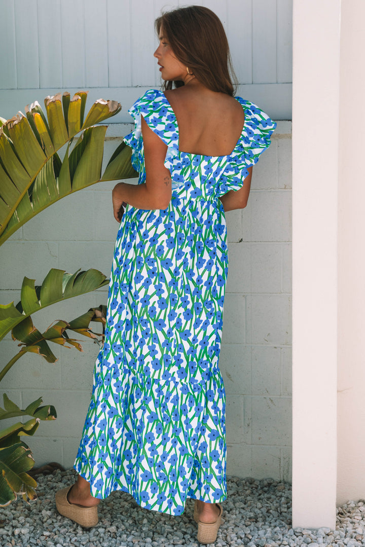 Floral Print Square Neck Ruffled Strap Maxi Dress