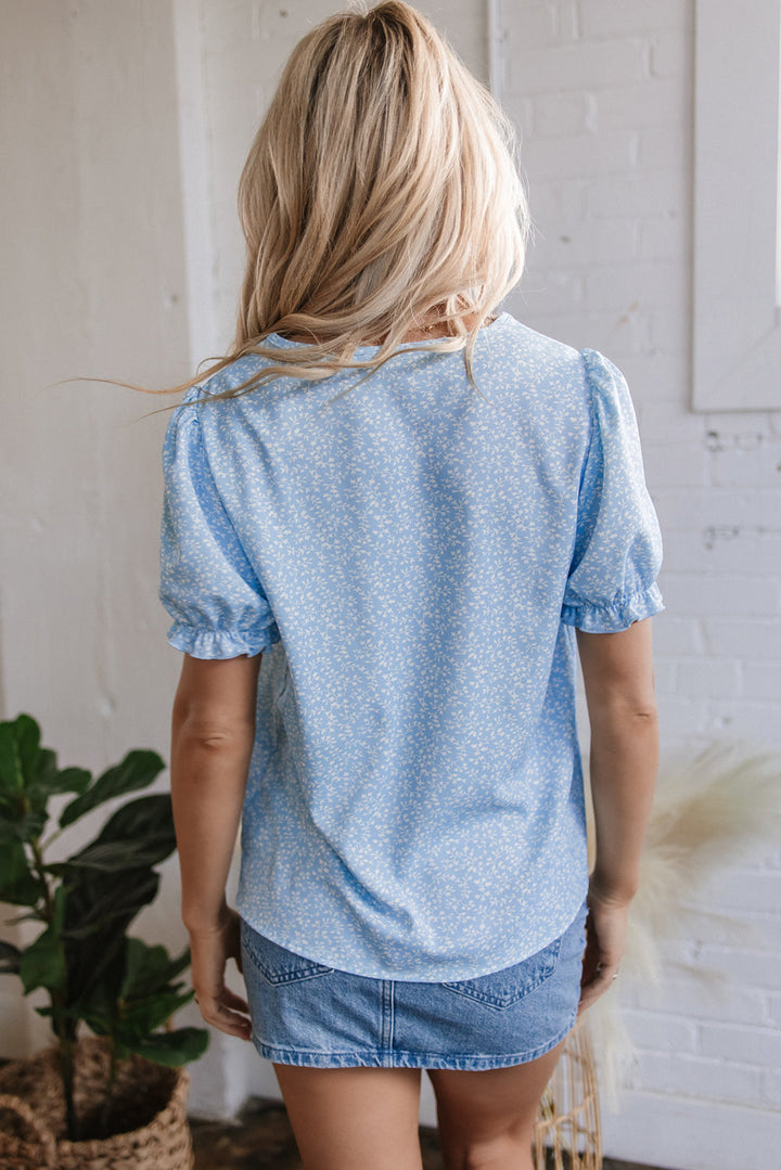 Floral Embroidered Puff Sleeve Notched V Neck Blouse