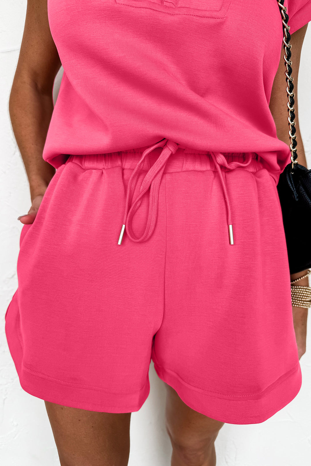 Fiery Red Quarter Zip Sleeveless Top Drawstring Shorts Casual 2pcs Outfit