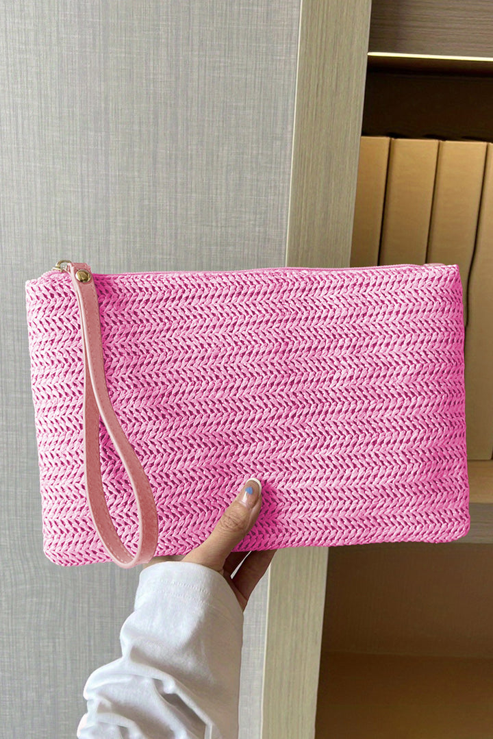 Straw Woven Wrist Strap Zipper Large Wallet
