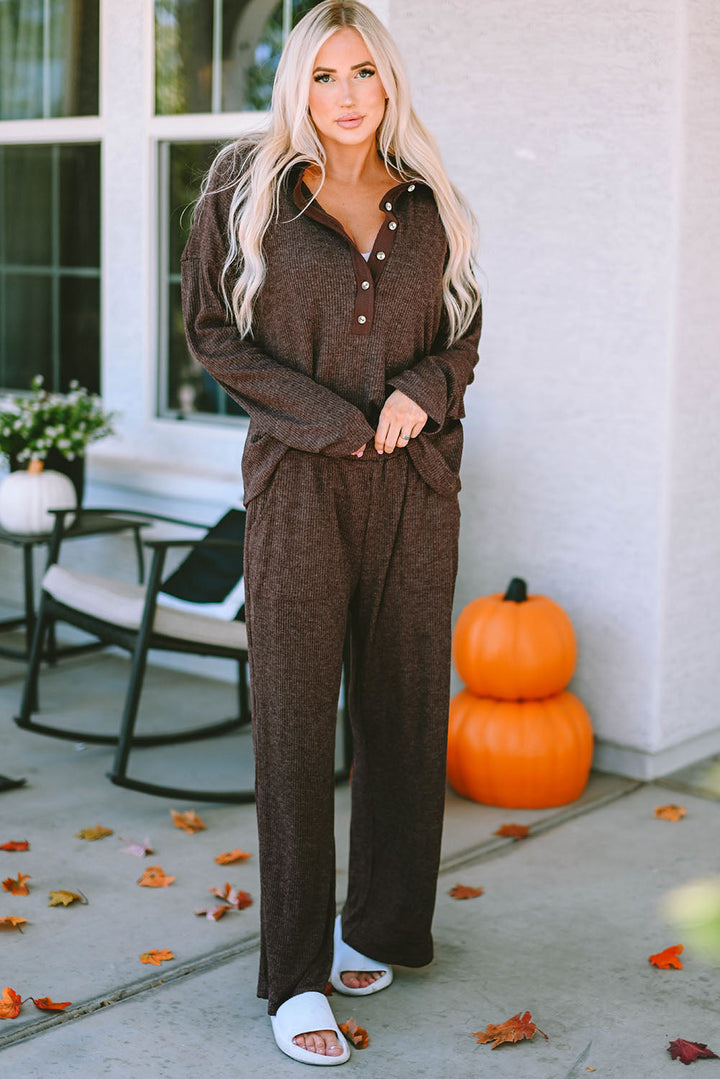 ribbed knit collared henley top and pants lounge outfit