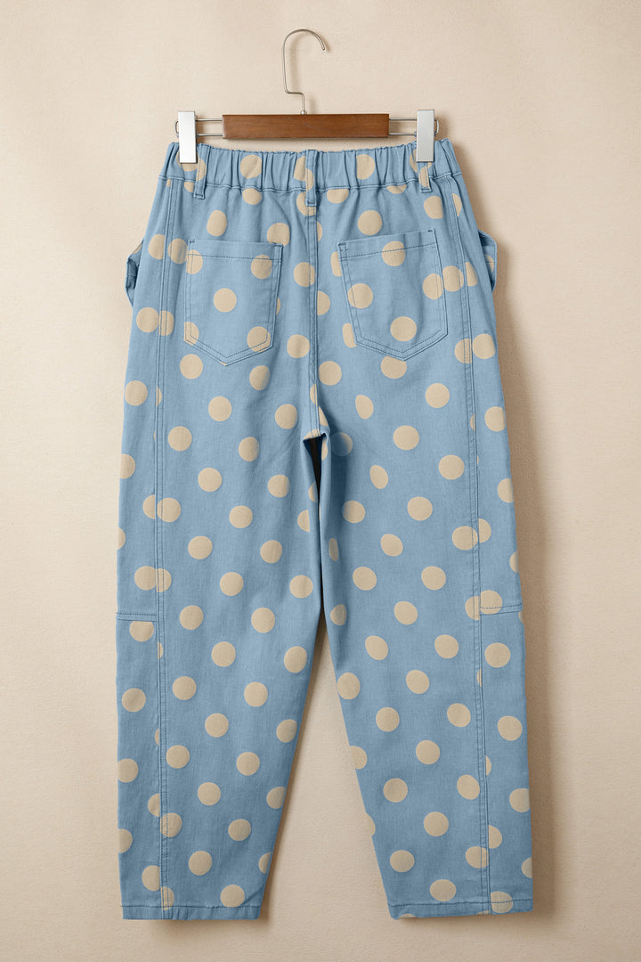 Sky Blue Polka Dot Print Bow Detail Pocketed Barrel Jeans