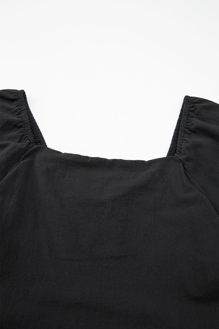 Black Square Neck Ruched Puff Sleeve Romper