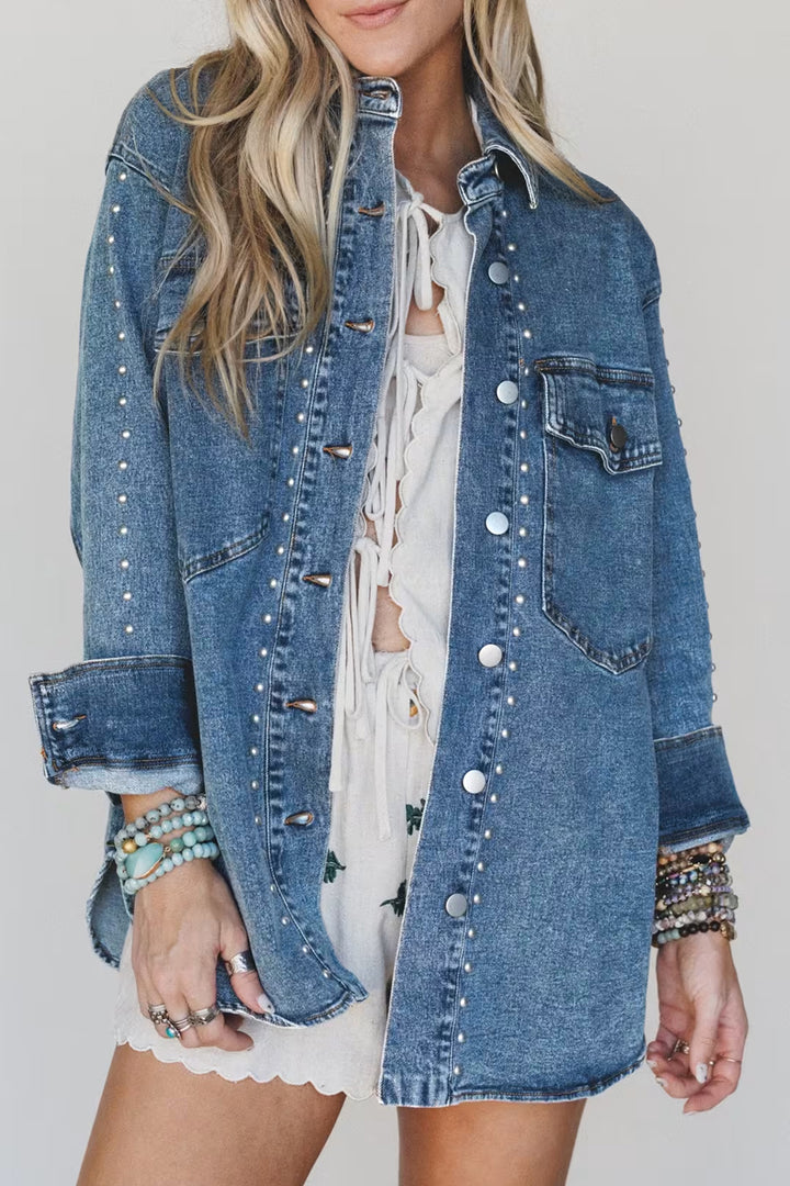 Sail Blue Rivet Embellished Western Style Regular Fit Denim Jacket