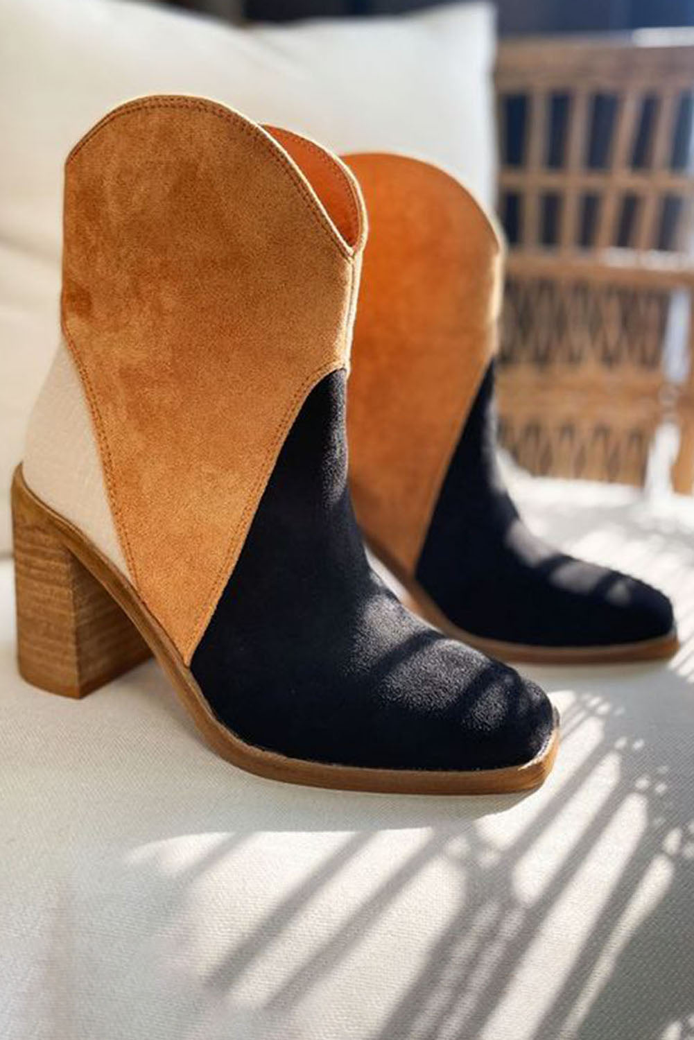 Colorblock Suede Heeled Ankle Booties