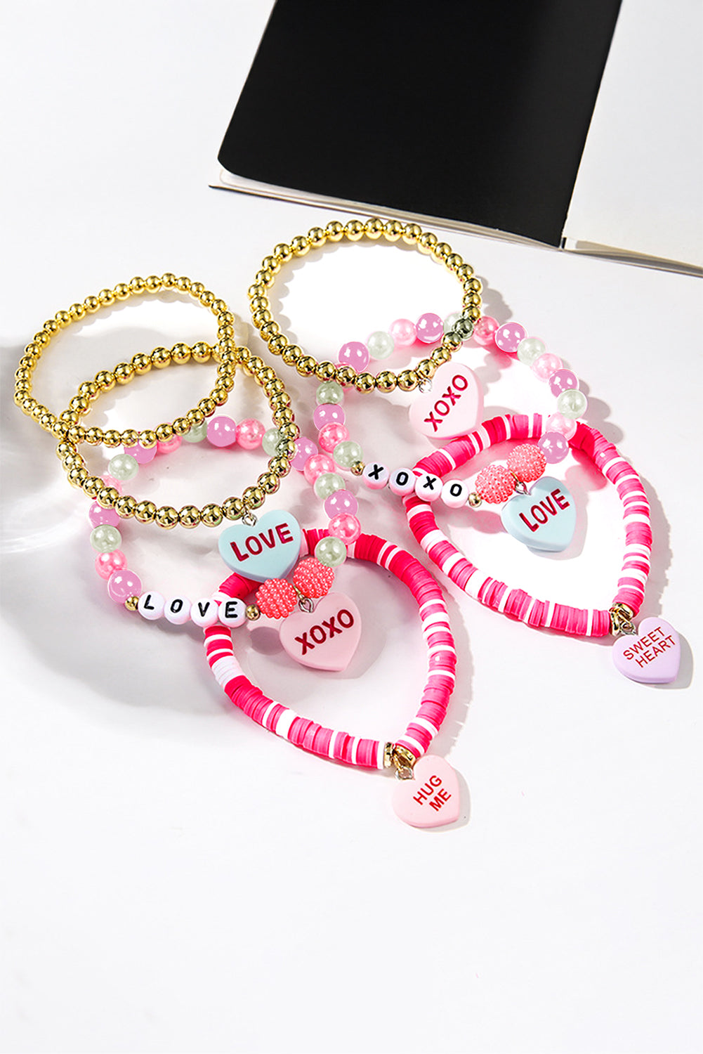 Ensemble de bracelets élastiques en perles avec pendentif cœur de la Saint-Valentin