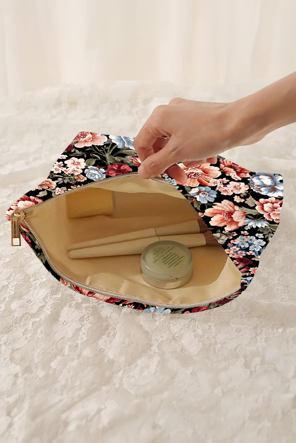 Flower Print Zipper Ribbed Corduroy Large Makeup Bag