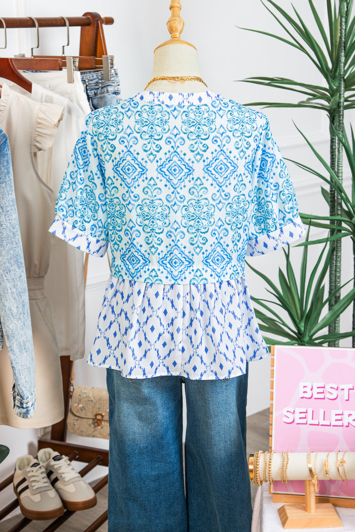 Sky Blue Boho Floral Geometric Patchwork Short Puff Sleeve Babydoll Blouse