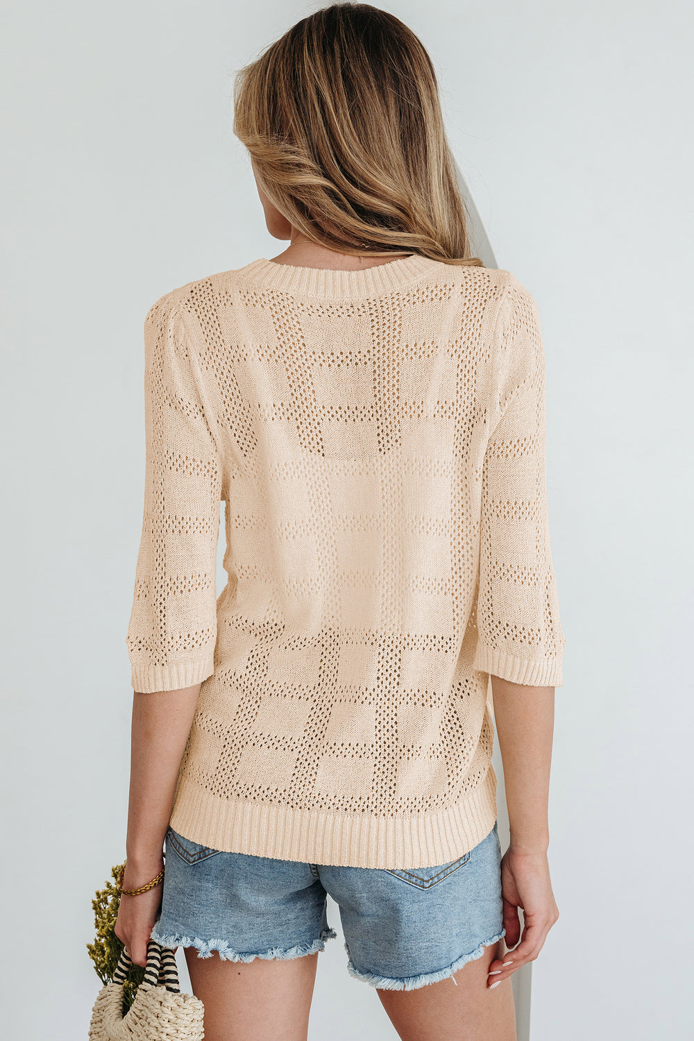 Plaid Pattern Crochet Knit Short Sleeve Sweater