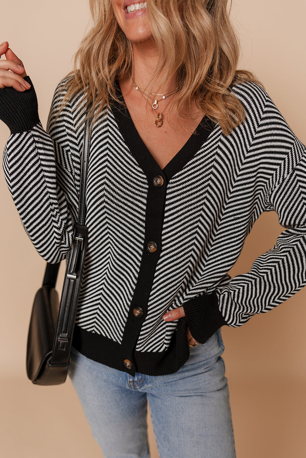 Buttoned Front V Neck Herringbone Cardigan