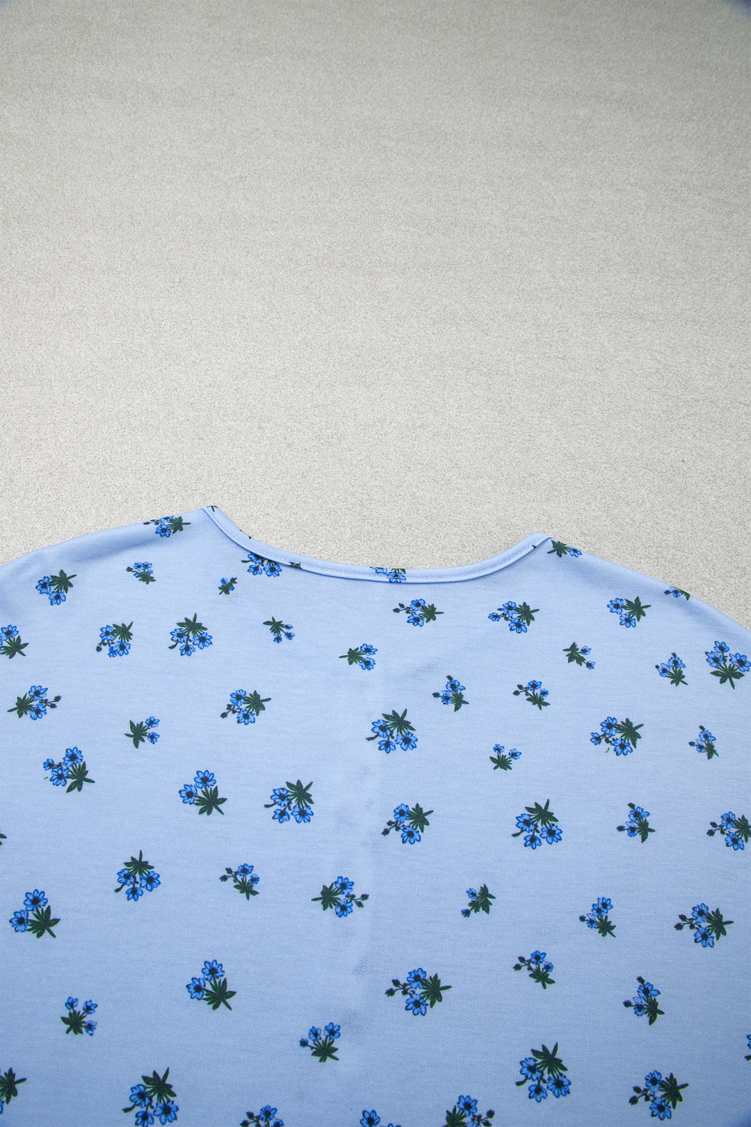 Sky Blue Floral Print Contrast Long Sleeve Tops