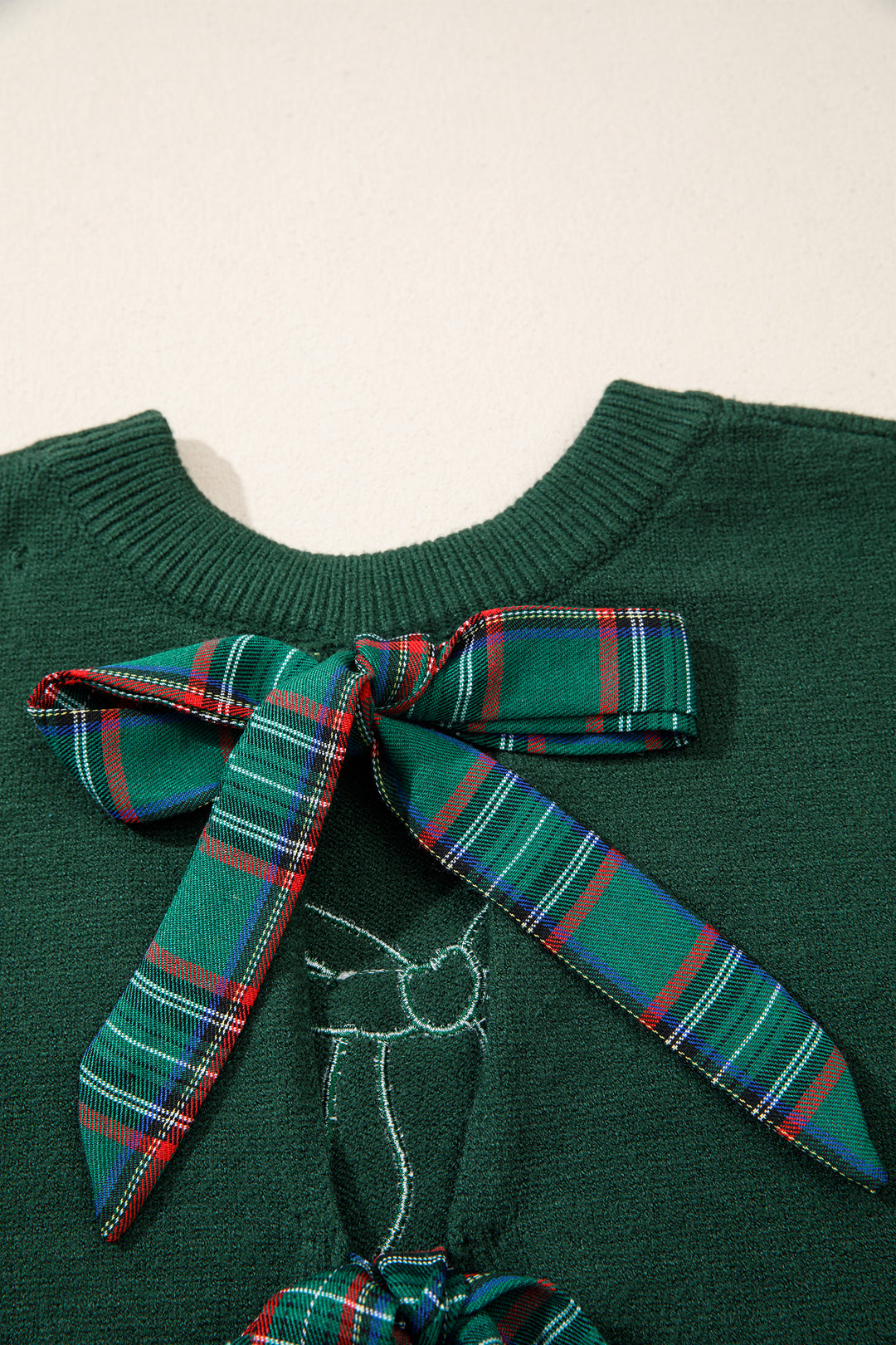 Blackish Green Plaid Bow Detail Drop Shoulder Christmas Sweater