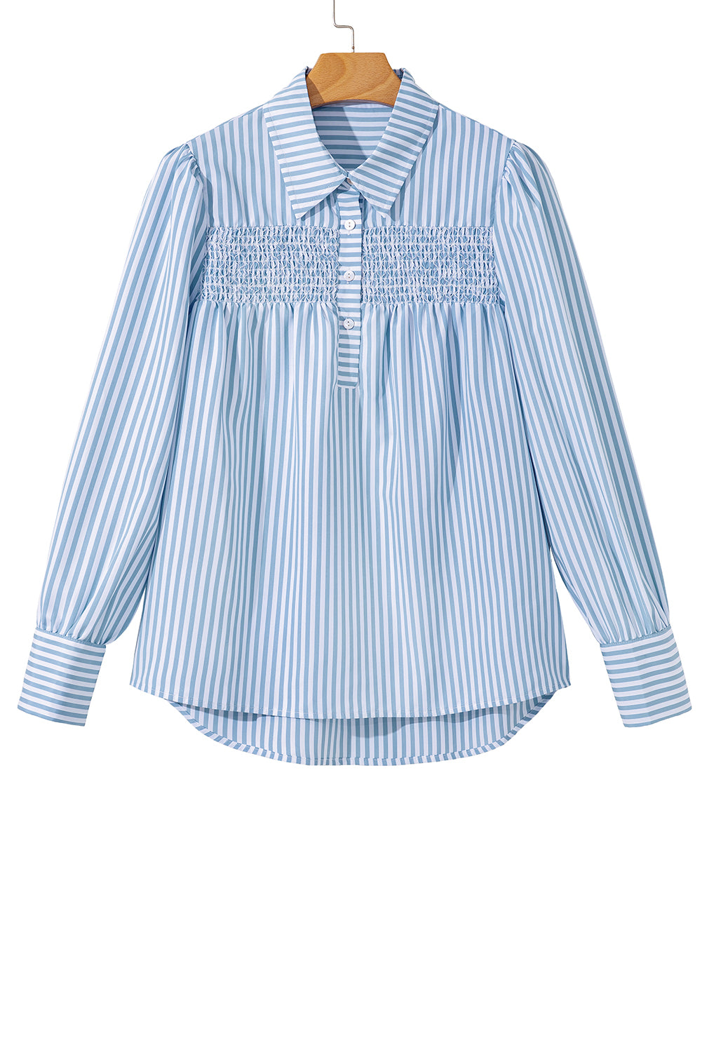Shirred Detail Half Placket Collared Long Sleeve Fall Shirt