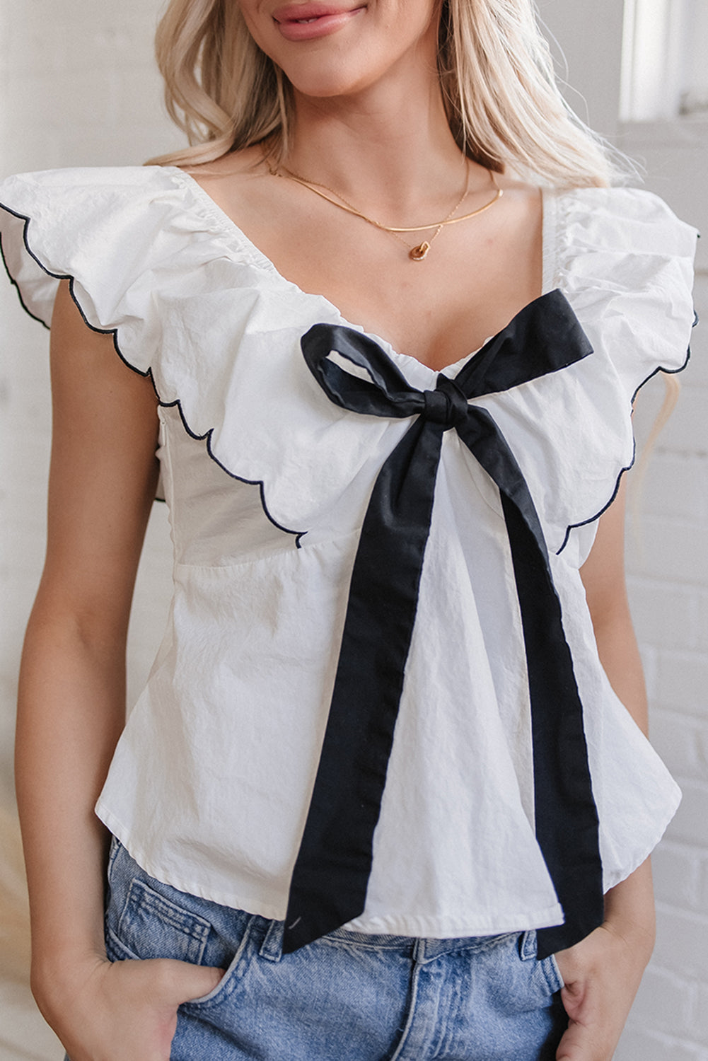 contrast bow ruffle trim v neck blouse