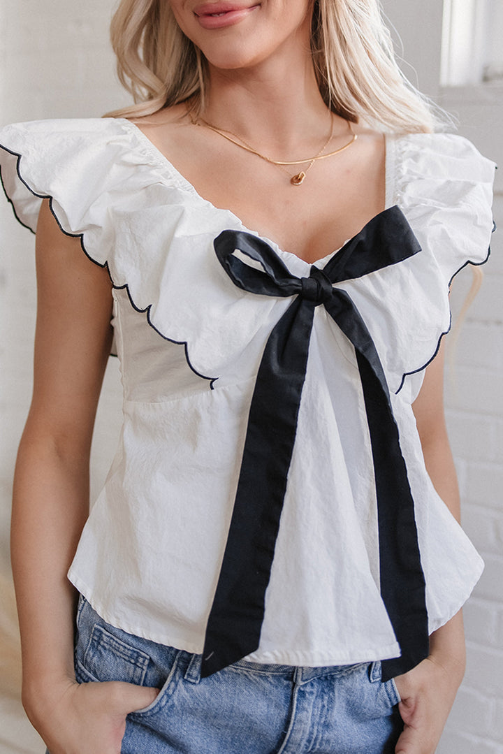 contrast bow ruffle trim v neck blouse