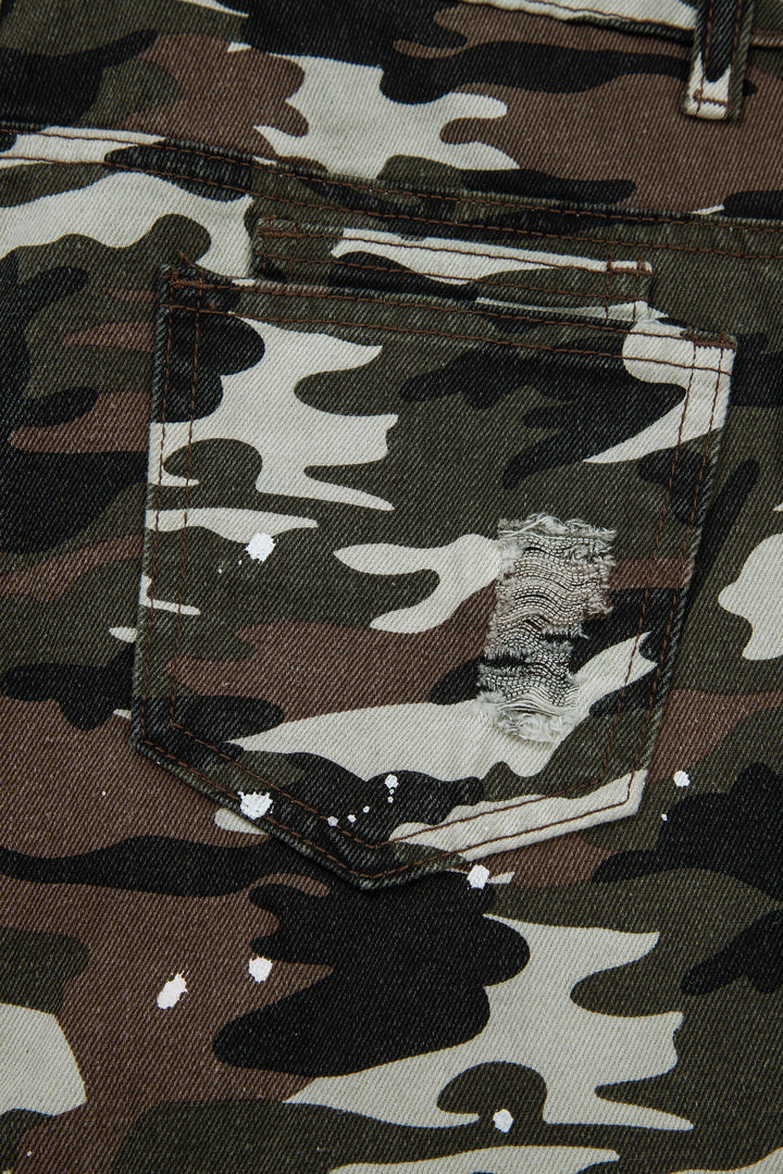 Green Camouflage Print Splashed Distressed Loose Denim Pants