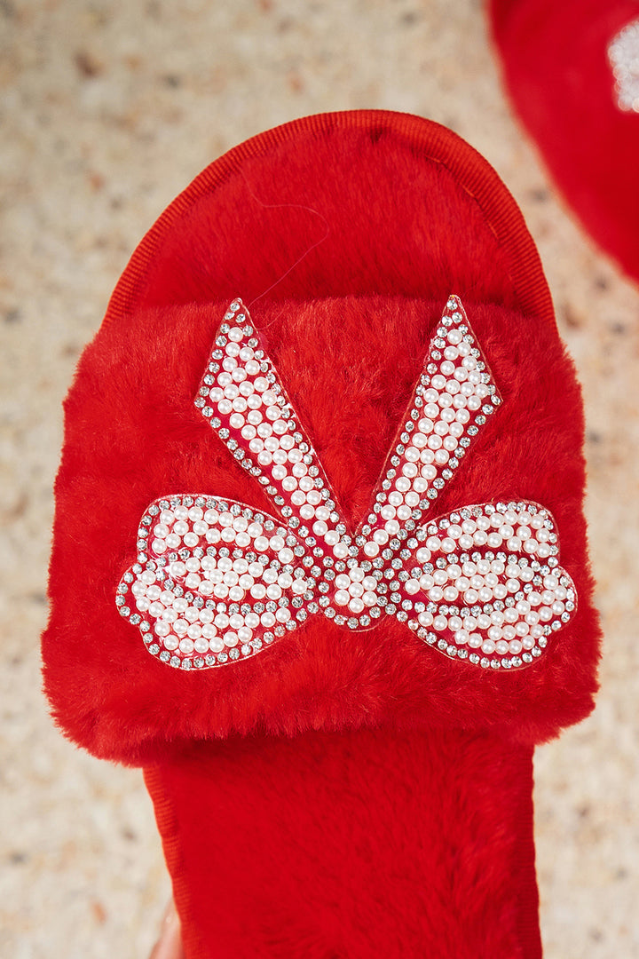 Pearl Rhinestone Embellished Bow Open Toe Plush Slippers