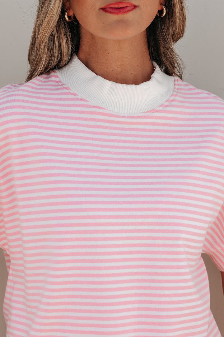 Pink Stripe Cuffed Sleeve Contrast Mock Neck Tee Casual 2pcs Short Set