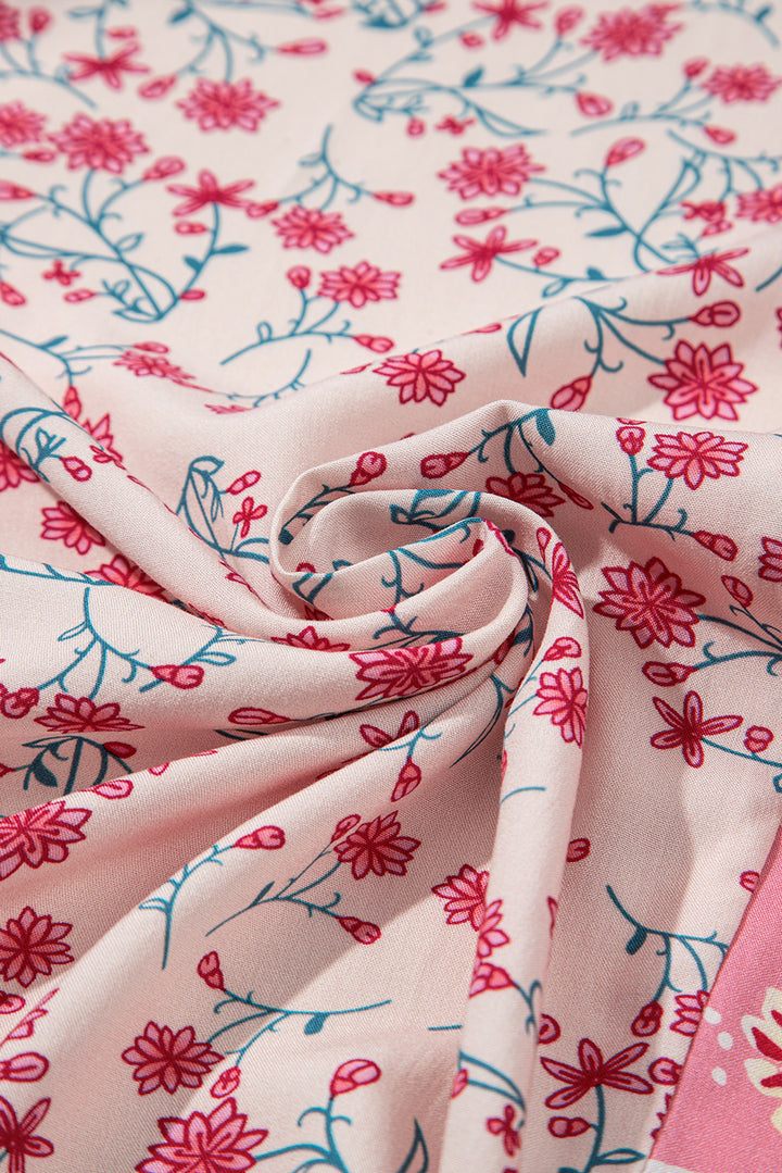 Mixed Floral Printed Puff Sleeve V-Neck Shirt
