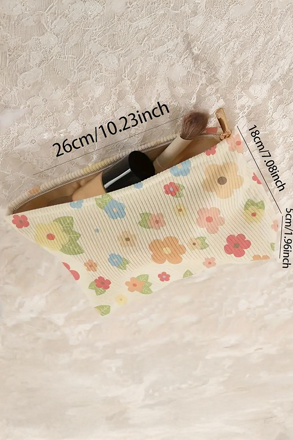 Flower Leaves Print Zipper Corduroy Makeup Bag