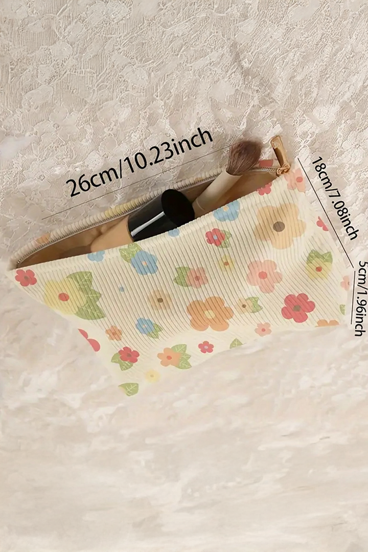 Flower Leaves Print Zipper Corduroy Makeup Bag