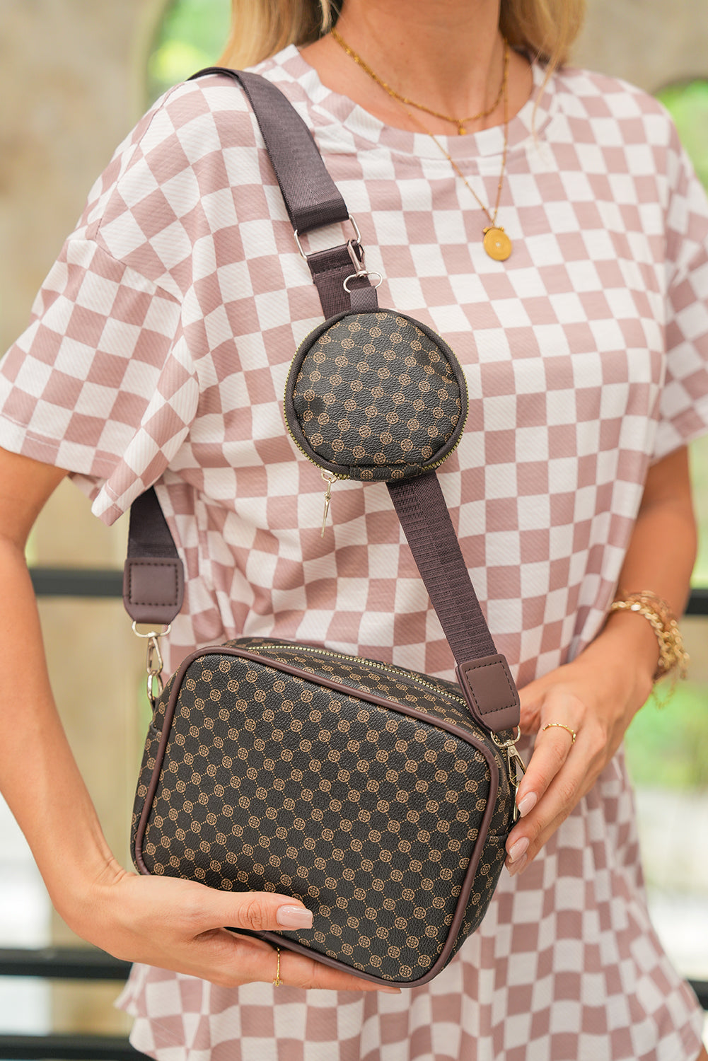 Schultertasche aus PU-Leder mit Karomuster und Münzbörse