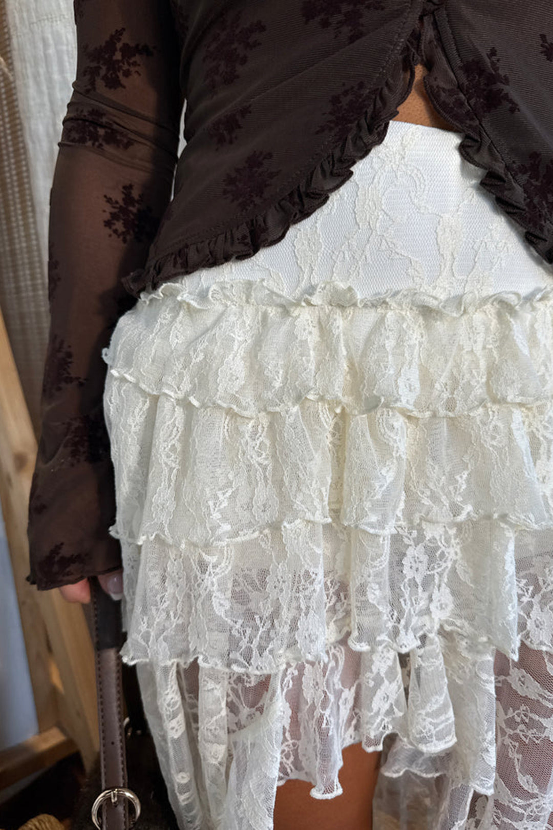 Chic White Sheer Lace Frilly Ruffles High Low Long Skirt