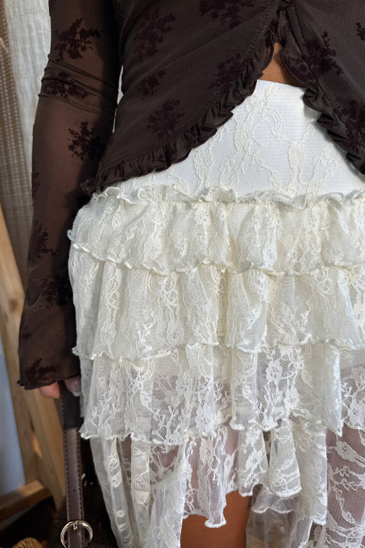 Chic White Sheer Lace Frilly Ruffles High Low Long Skirt