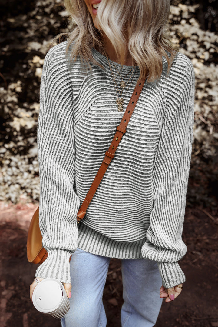 Striped Print Ribbed Knit Boat Neck Baggy Sweater
