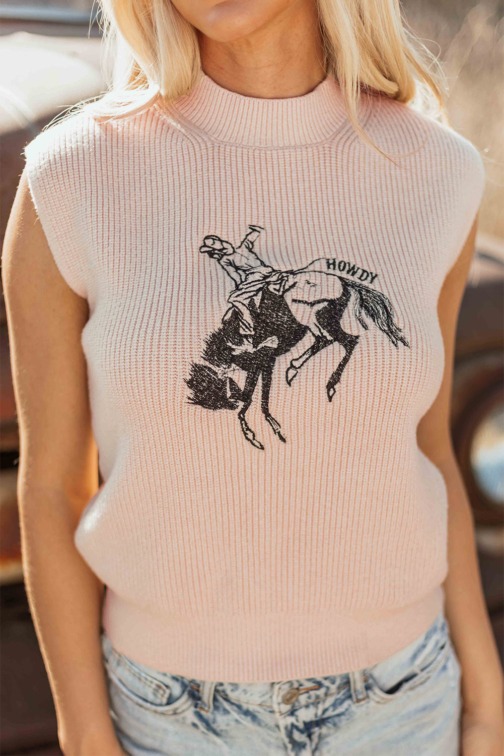 HOWDY Rodeo Cowboy Graphic High Neck Short Sleeve Sweater