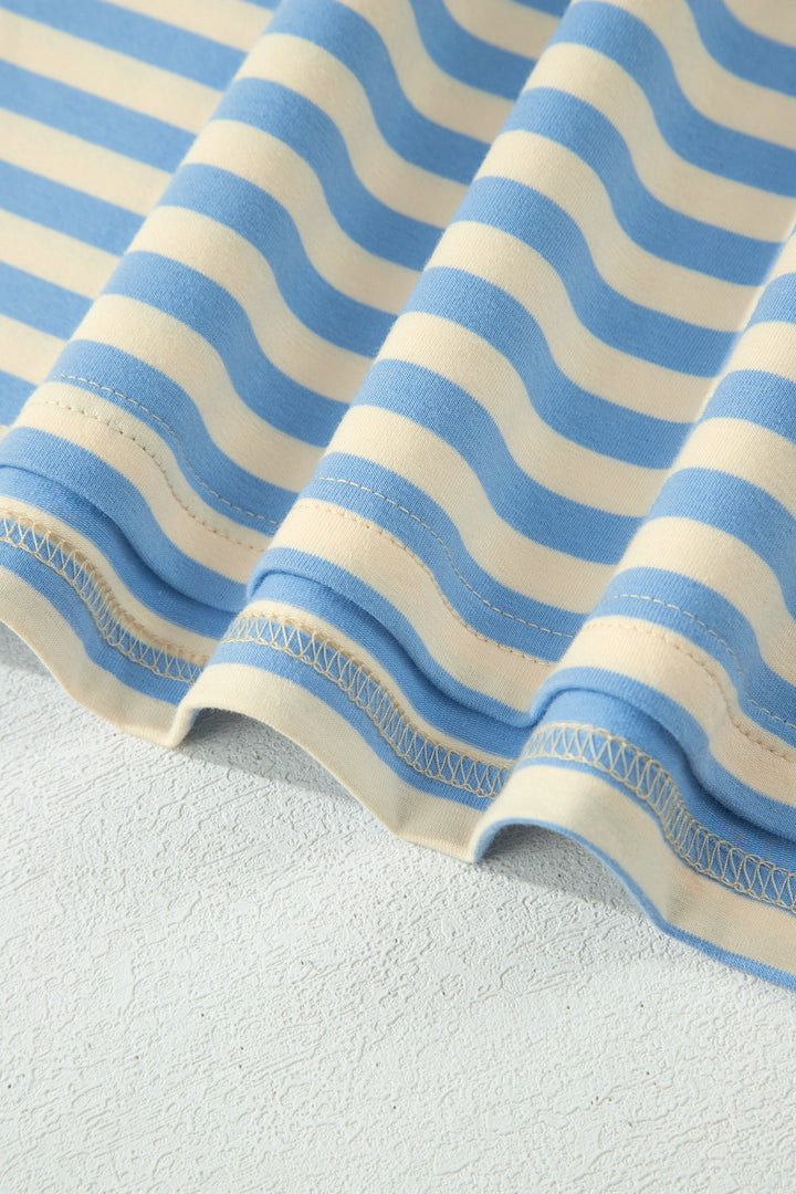 Sky Blue Stripe Plus Size Drop Shoulder Contrast Trim Round Neck Tee