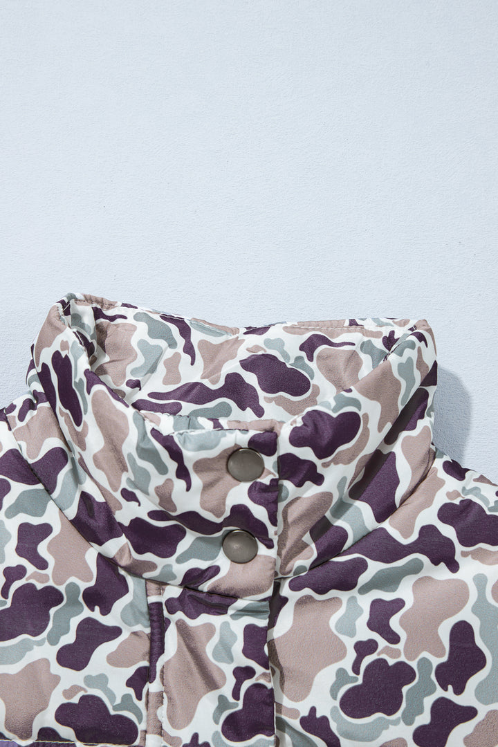 Multicolour Camouflage Puffer Zip-up Stand Neck Sleeveless Vest