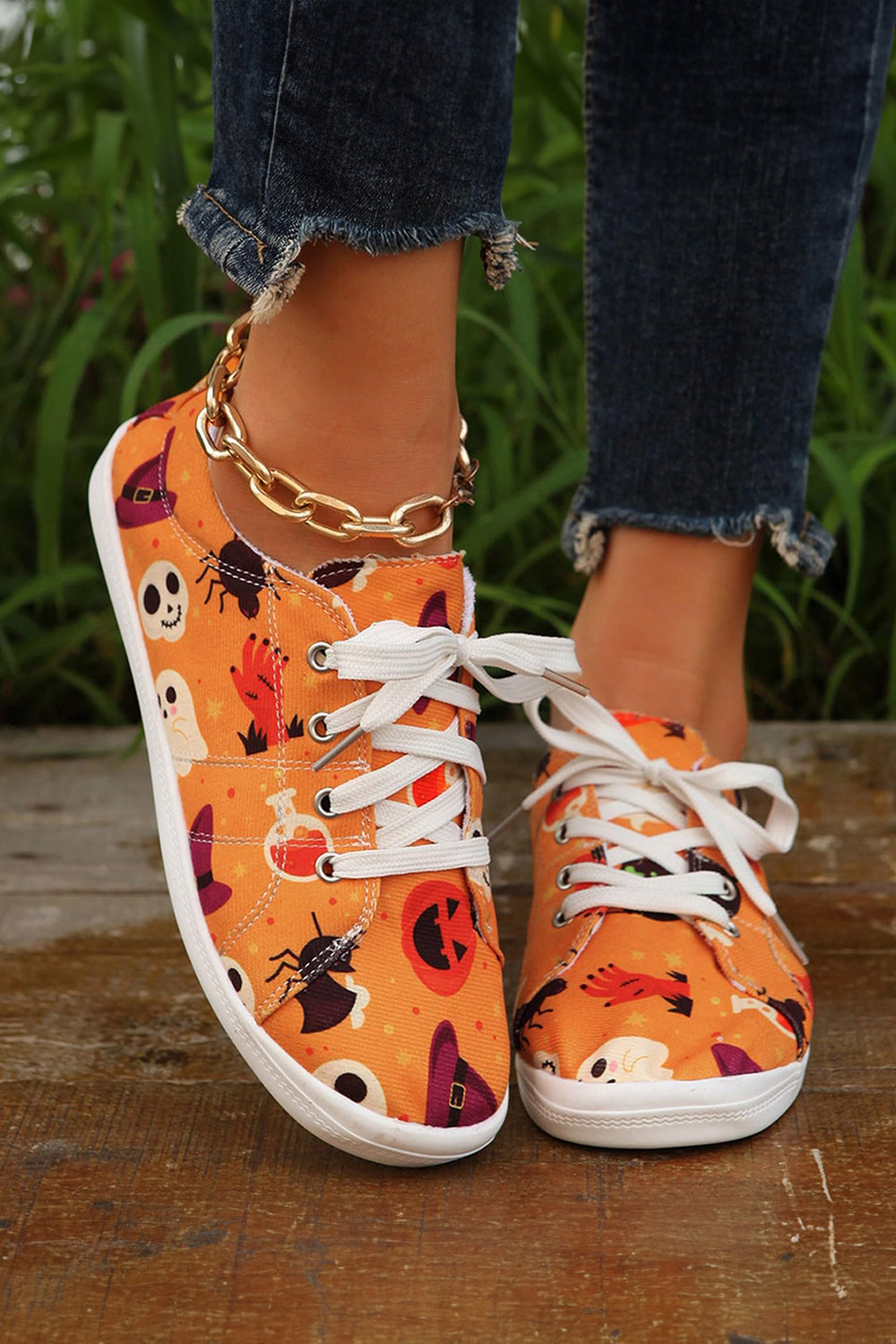 Halloween Pumpkin Ghost Print Lace-up Flat Shoes