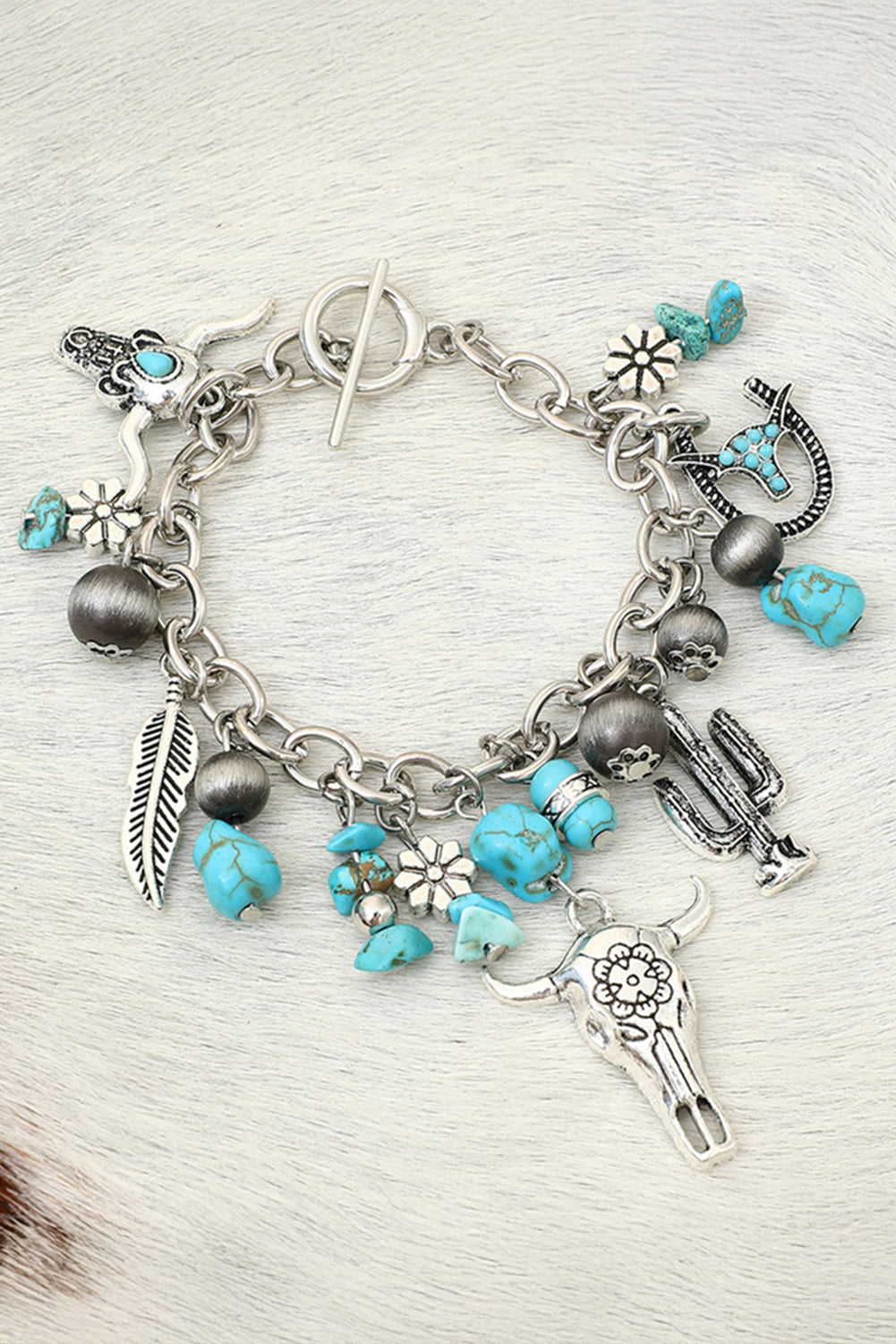 Bracelet en alliage avec breloque tête de bœuf turquoise Western
