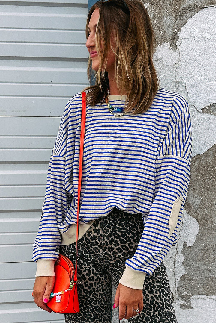 Blue Stripe Textured Elbow Patched Crew Neck Drop Shoulder Sweatshirt