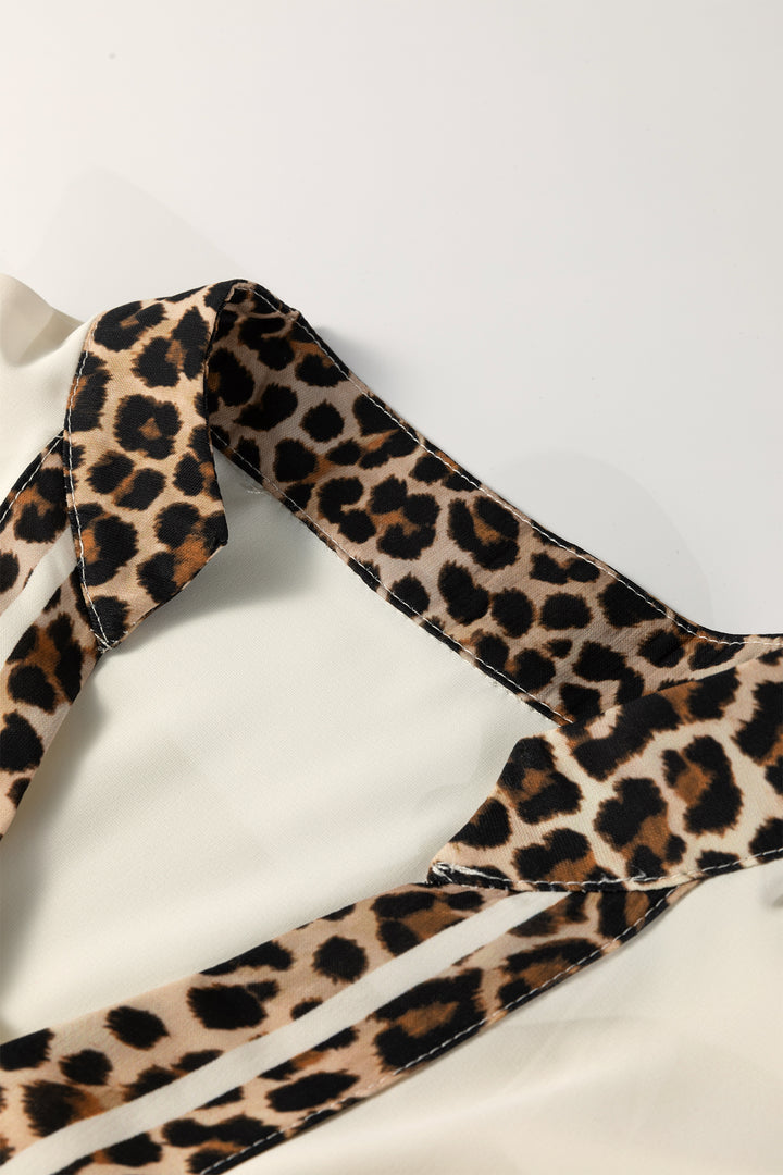 Leopard Patchwork Trim Split Neck Short Sleeve Blouse