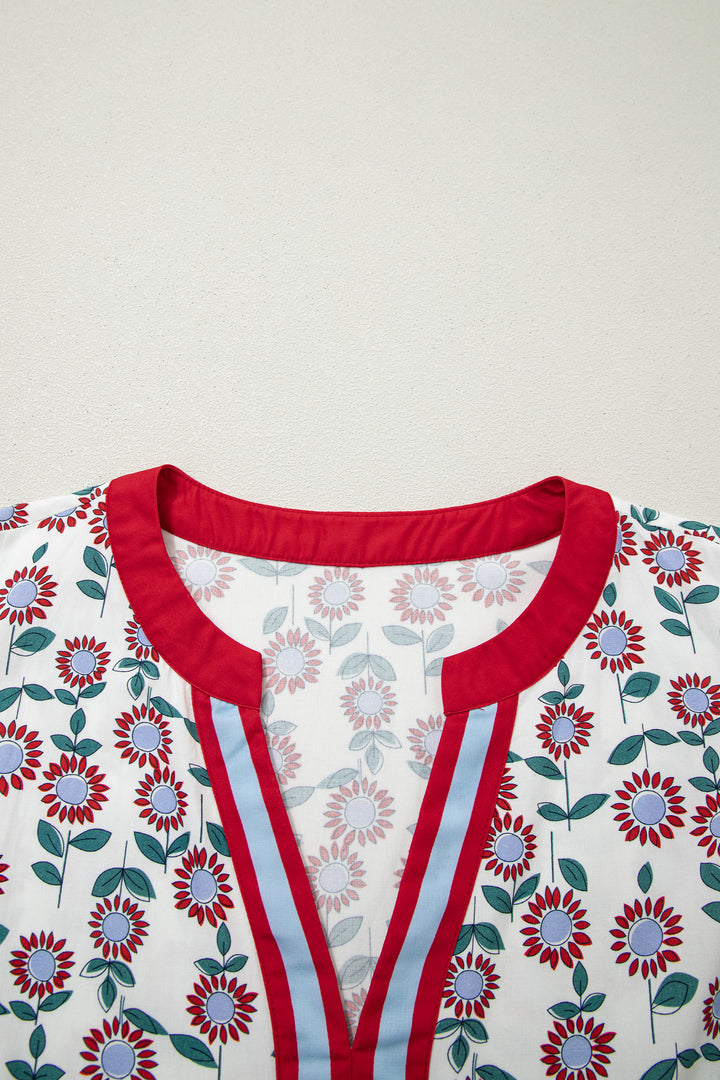 Red Cute Sunflower Printed Striped Trim Flutter Sleeve Long Dress