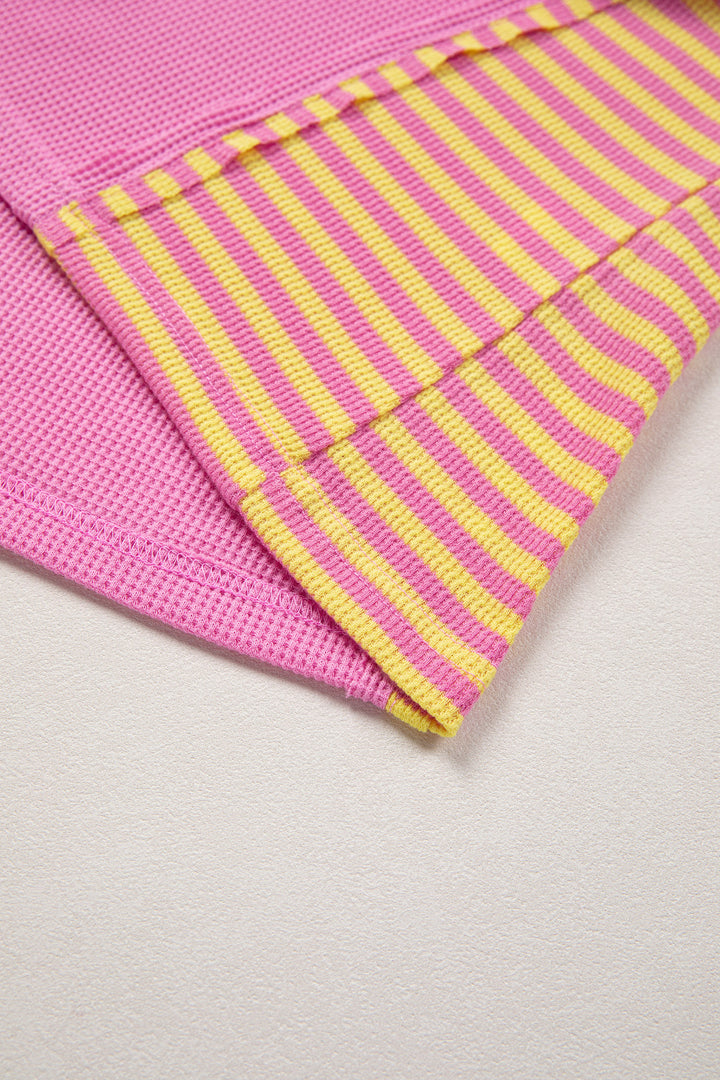 Waffle Textured Contrast Striped Patchwork Loose T Shirt