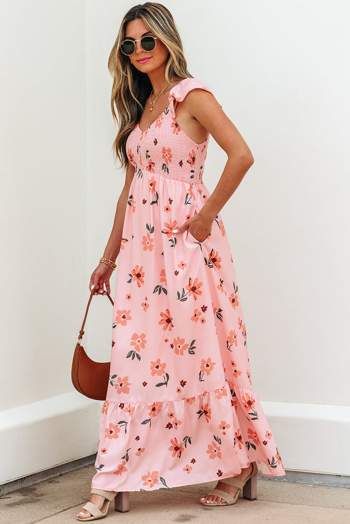 floral v neck smocked high waist ruffle hem long dress