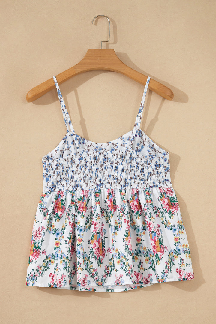 White Contrast Floral Printed Spaghetti Straps Babydoll Top