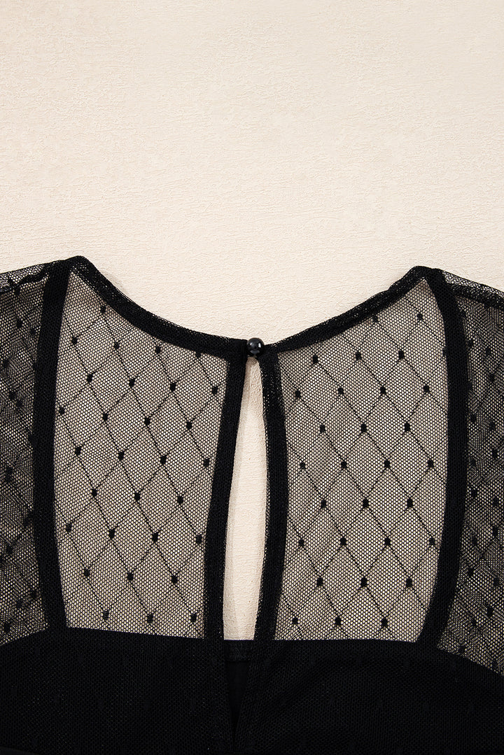 Black Polka Dot Mesh Long Sleeve Square Neck Bodysuit