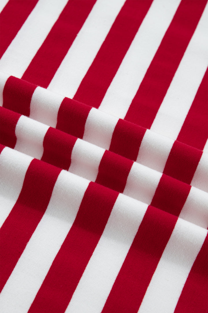 Red Stripe Patchwork Round Neck Short Sleeve T Shirt