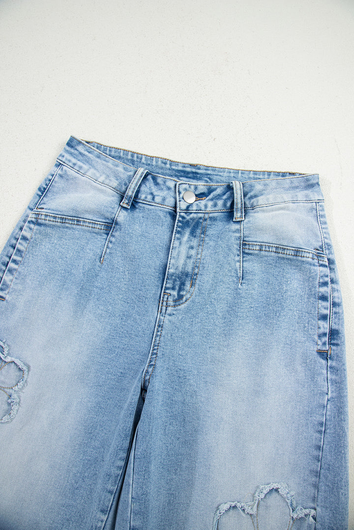 Beau Blue Flower Patched Light Wash Cropped High Waist Barrel Jeans