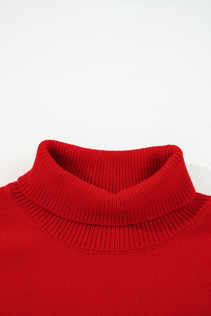 Fiery Red Merry Snowflake Pattern Christmas Turtleneck Sweater