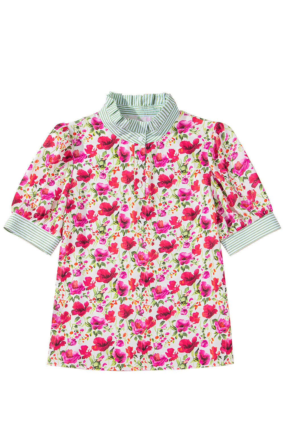 floral print striped patchwork collared short sleeve blouse