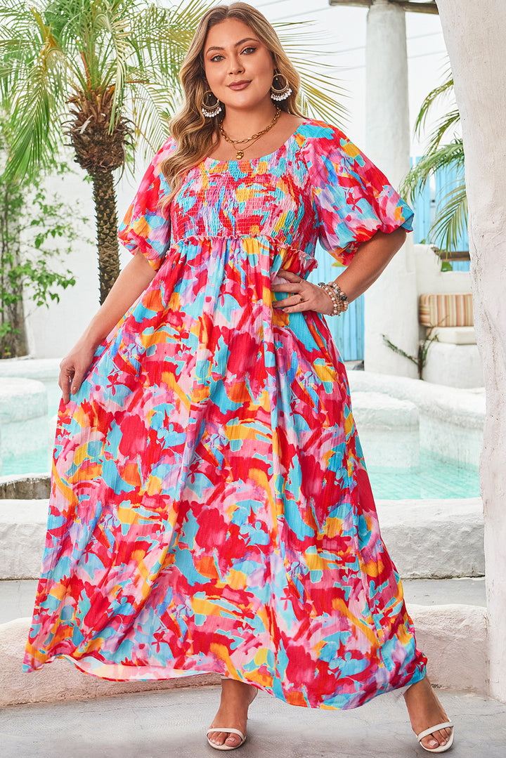 Rose Abstract Printed Square Neck Smocked Bust Tied Back Plus Size Dress