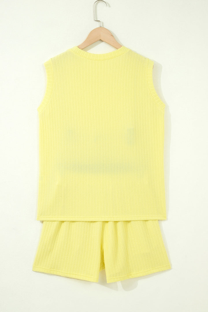 Yellow Cream Solid Color Textured Loose Tank Casual Shorts 2pcs Outfit