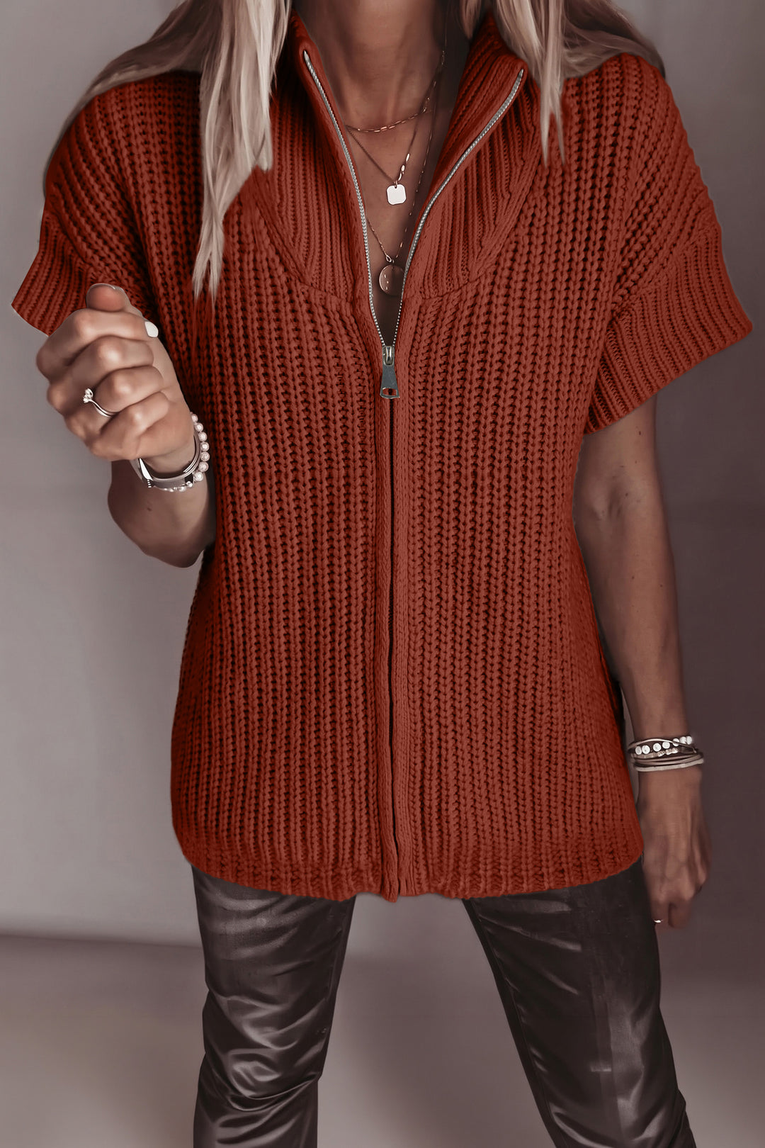 Cinnamon Solid Color Short Sleeve Zipper Knit High Neck Sweater