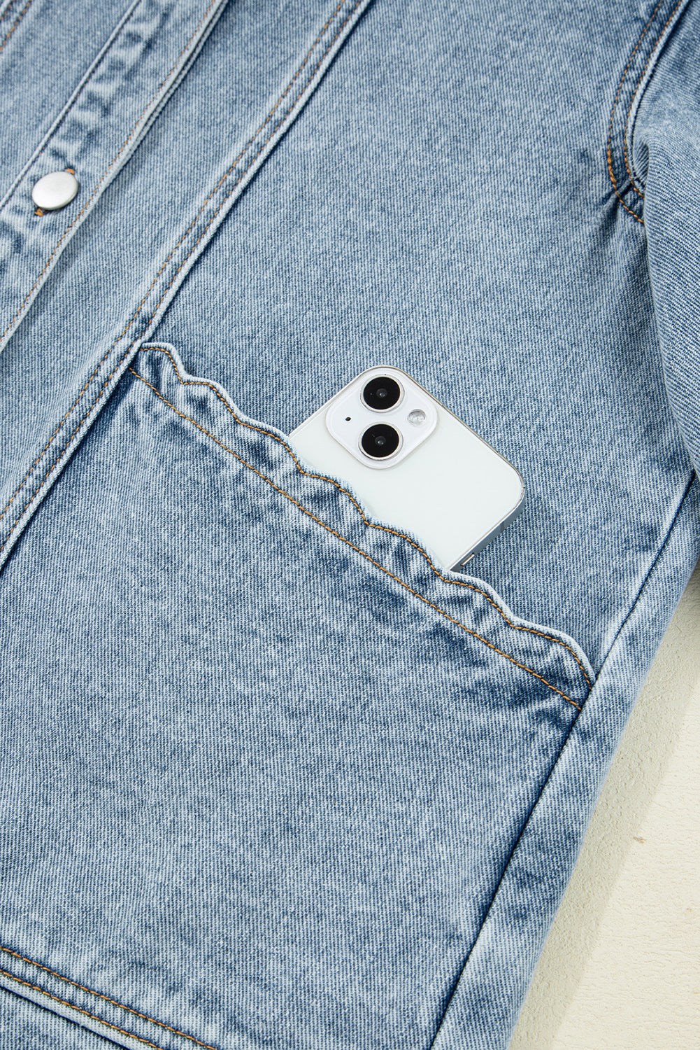 Scallop Trim Collar Patched Pocket Button Up Denim Jacket