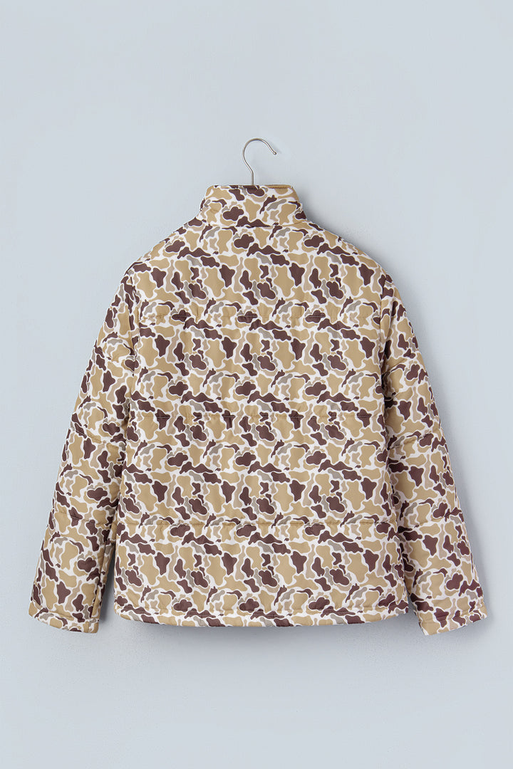Multicolour Camouflage Quilted Metal Button Collar Long Sleeve Puffer Coat